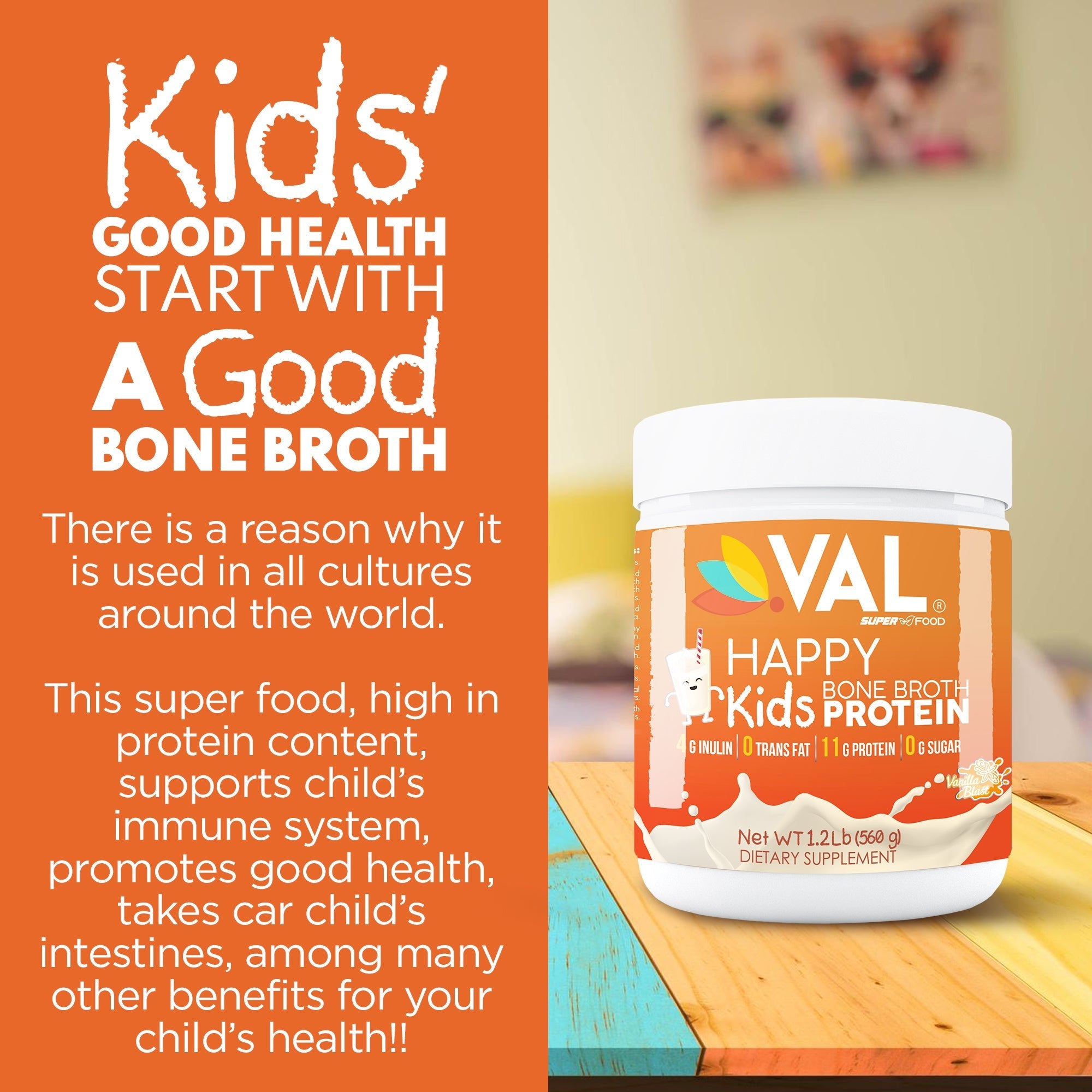 VAL Happy Kids VAL Bone Broth Powder Protein and Collagen Powerhouse: 11g of high - quality protein and 6g of collagen per serving. Enriched with 4g of inulin, Pea Protein, and MCT Oil, Supports Healthy Skin, Gut Health, Joint Supplement, 32 servings - Val Supplements