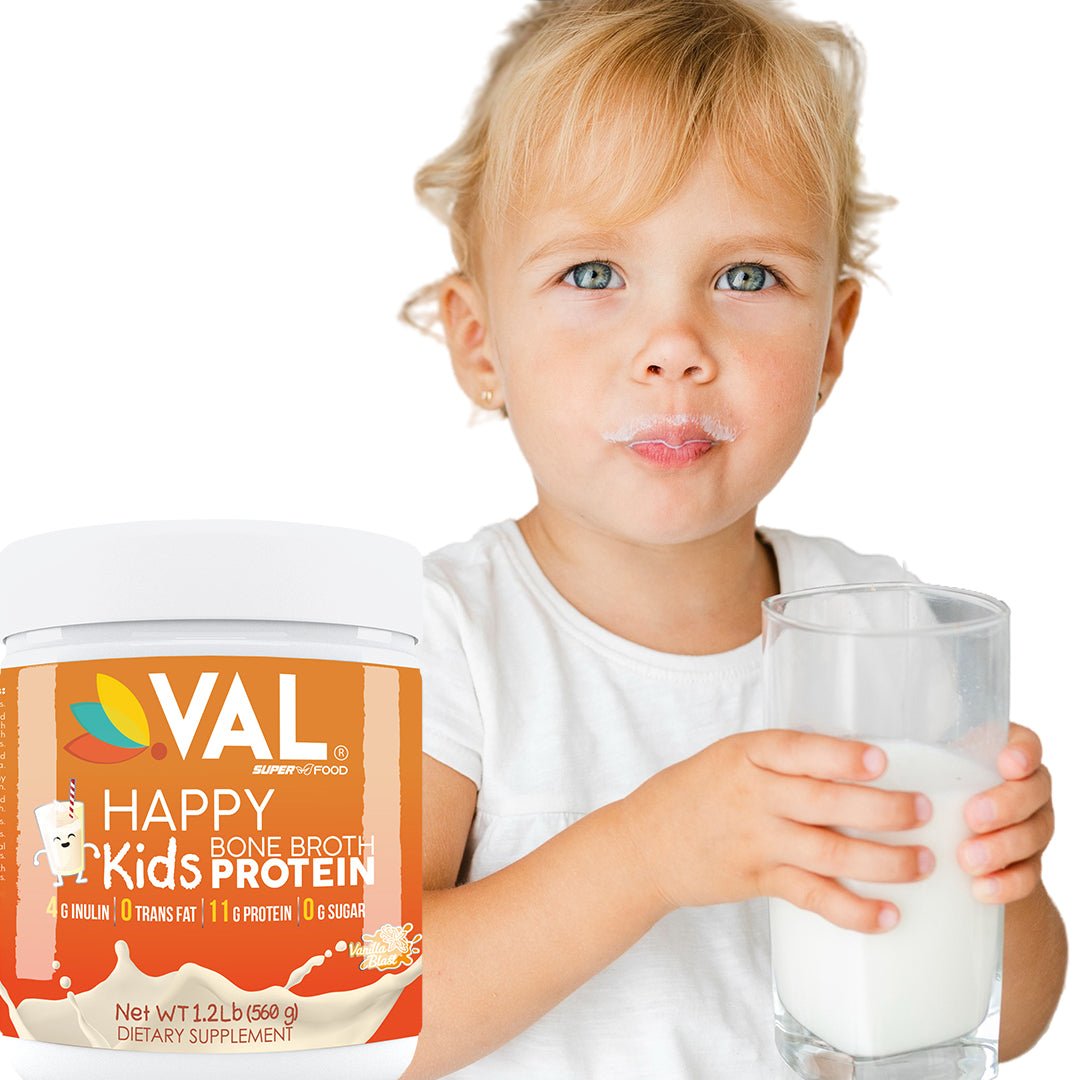 VAL Happy Kids VAL Bone Broth Powder Protein and Collagen Powerhouse: 11g of high - quality protein and 6g of collagen per serving. Enriched with 4g of inulin, Pea Protein, and MCT Oil, Supports Healthy Skin, Gut Health, Joint Supplement, 32 servings - Val Supplements