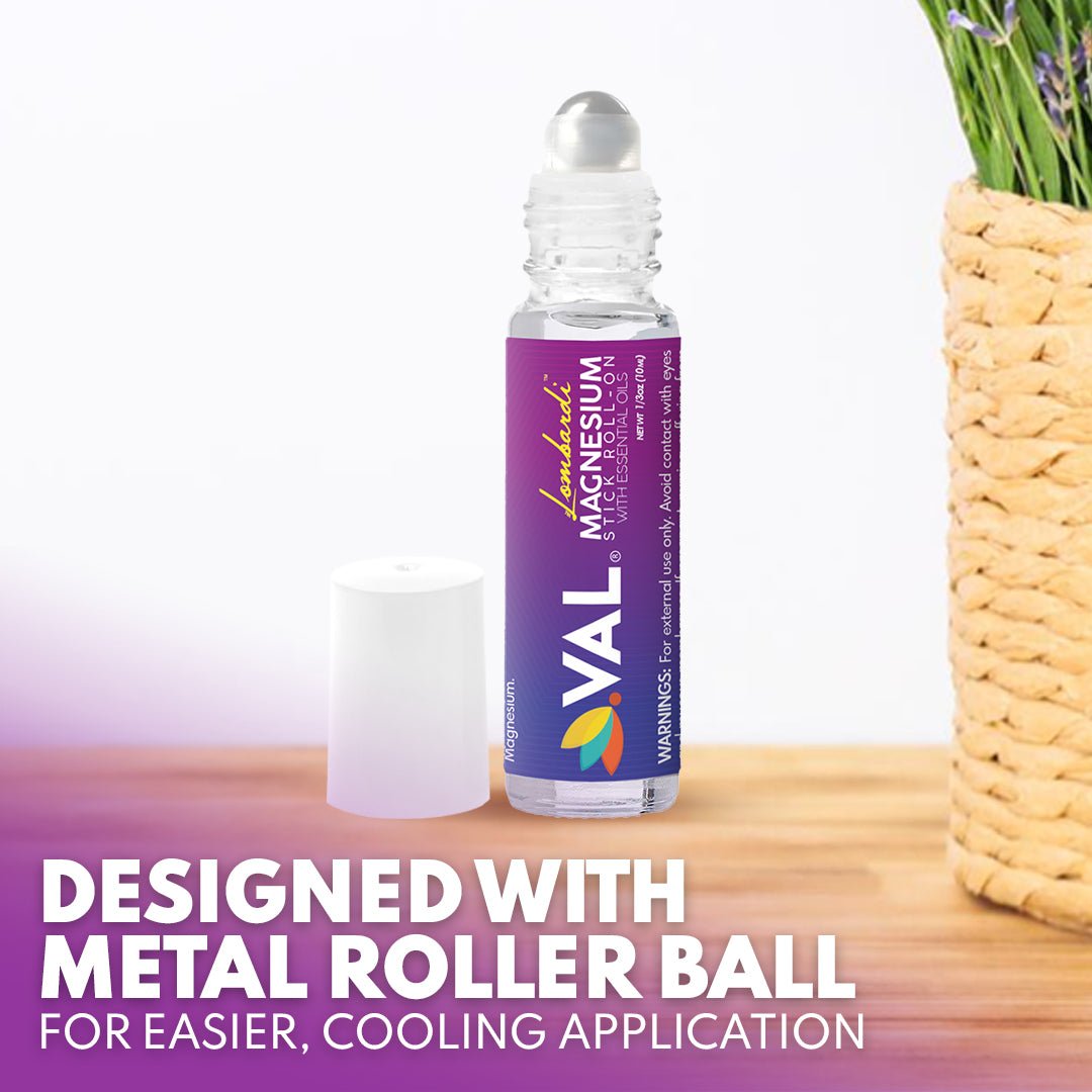 VAL Lombardi Magnesium Stick Rollon with Peppermint & Other Essential Oils, Natural Migraine Relief. Metal Roller - Val Supplements