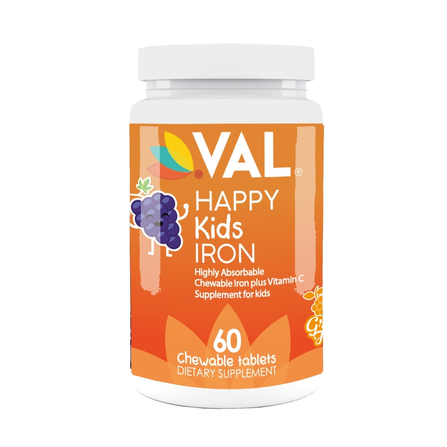 VAL Happy Kids Iron Supplement for Kids, Sugar Free, Fantastic Grape Flavor, Fun-Shaped - 60 Chewable Tablets - Val Supplements