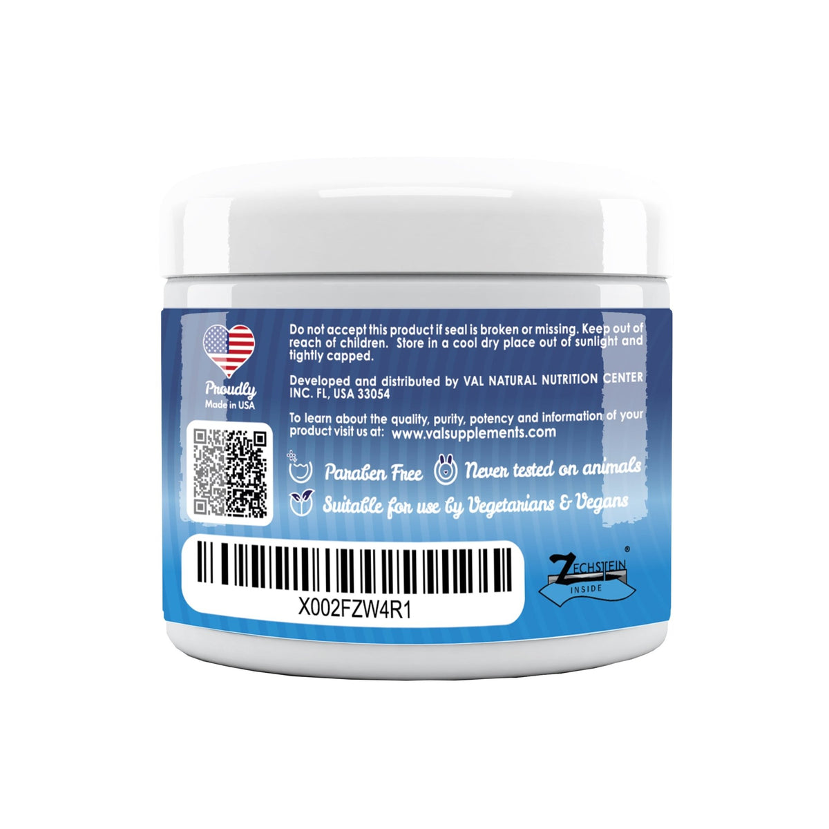 VAL magnesium eczema cream back label paraben free vegan cruelty free made in USA with Zechstein Inside seal