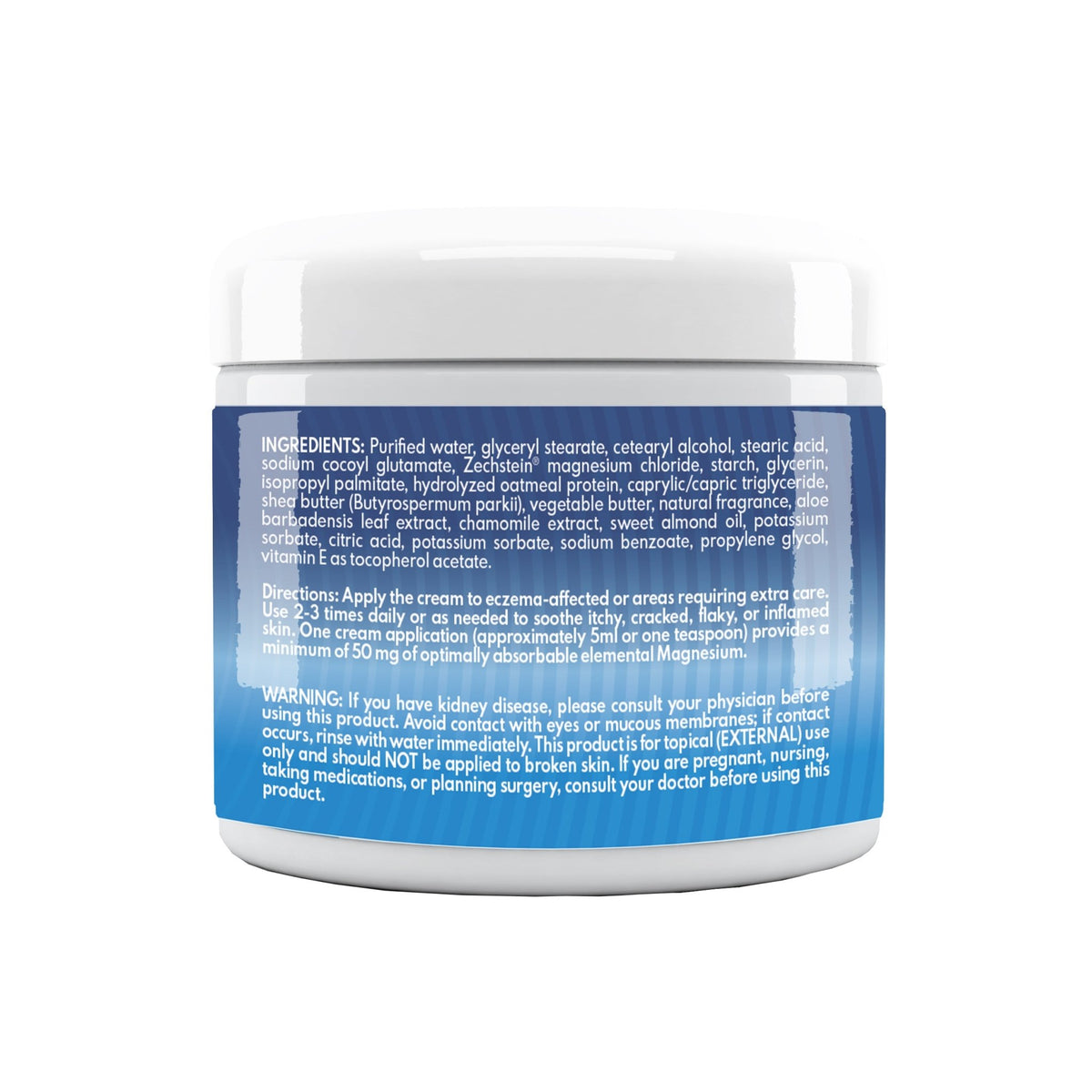 VAL Lombardi Magnesium Cream ingredients label with Zechstein magnesium chloride chamomile and vitamin E