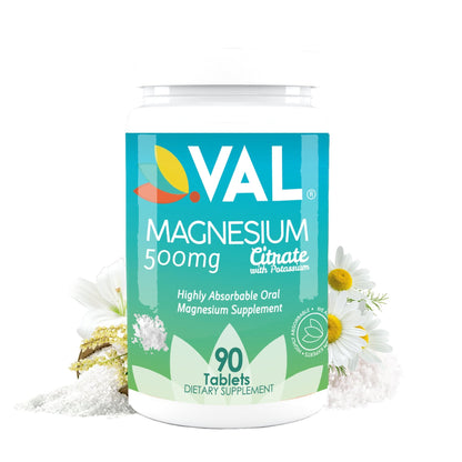 VAL Magnesium Citrate 500mg with Potassium - Muscle Relaxation, Sleep, Support Calm, Energy Support, Healthy Magnesium Levels - 90 Tablets - Val Supplements